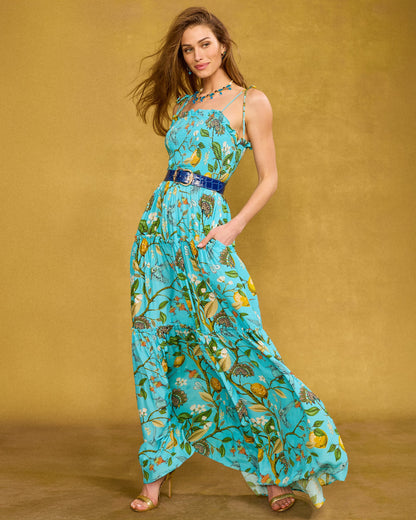 Flora Turquoise Hummingbird Print Annabelle Flora Maxi Dress