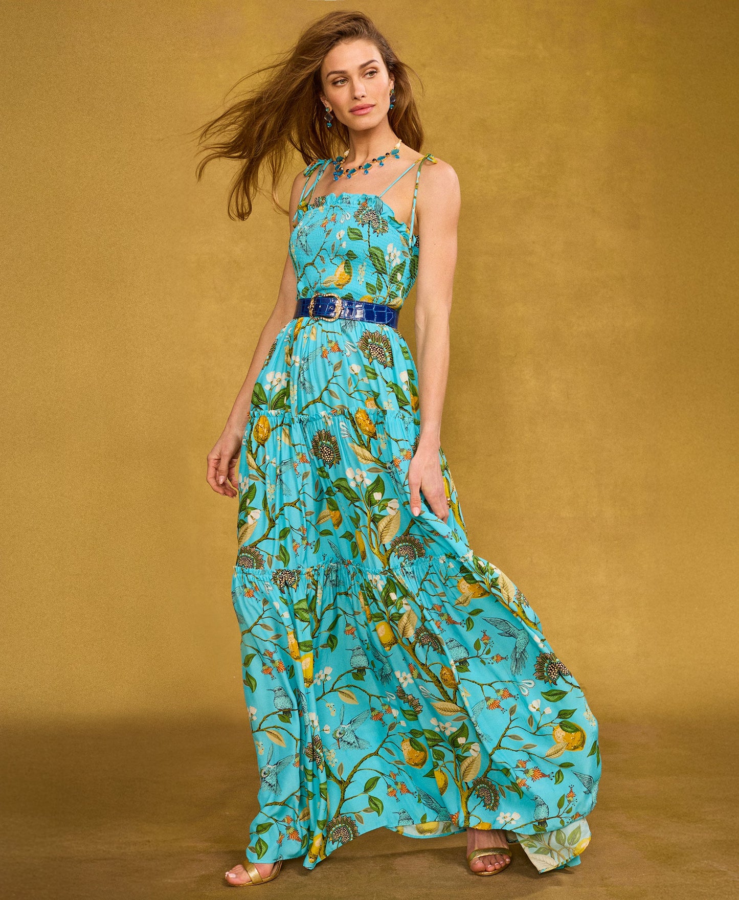 Flora Turquoise Hummingbird Print Annabelle Flora Maxi Dress