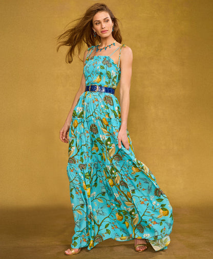 Flora Turquoise Hummingbird Print Annabelle Flora Maxi Dress