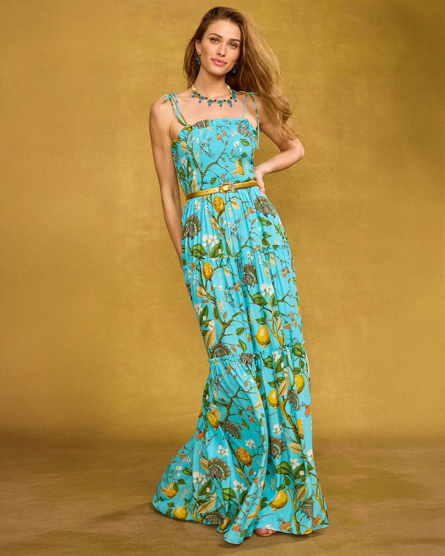 Flora Turquoise Hummingbird Print Annabelle Flora Maxi Dress