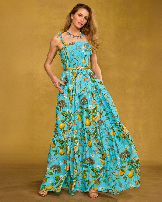 Flora Turquoise Hummingbird Print Annabelle Flora Maxi Dress