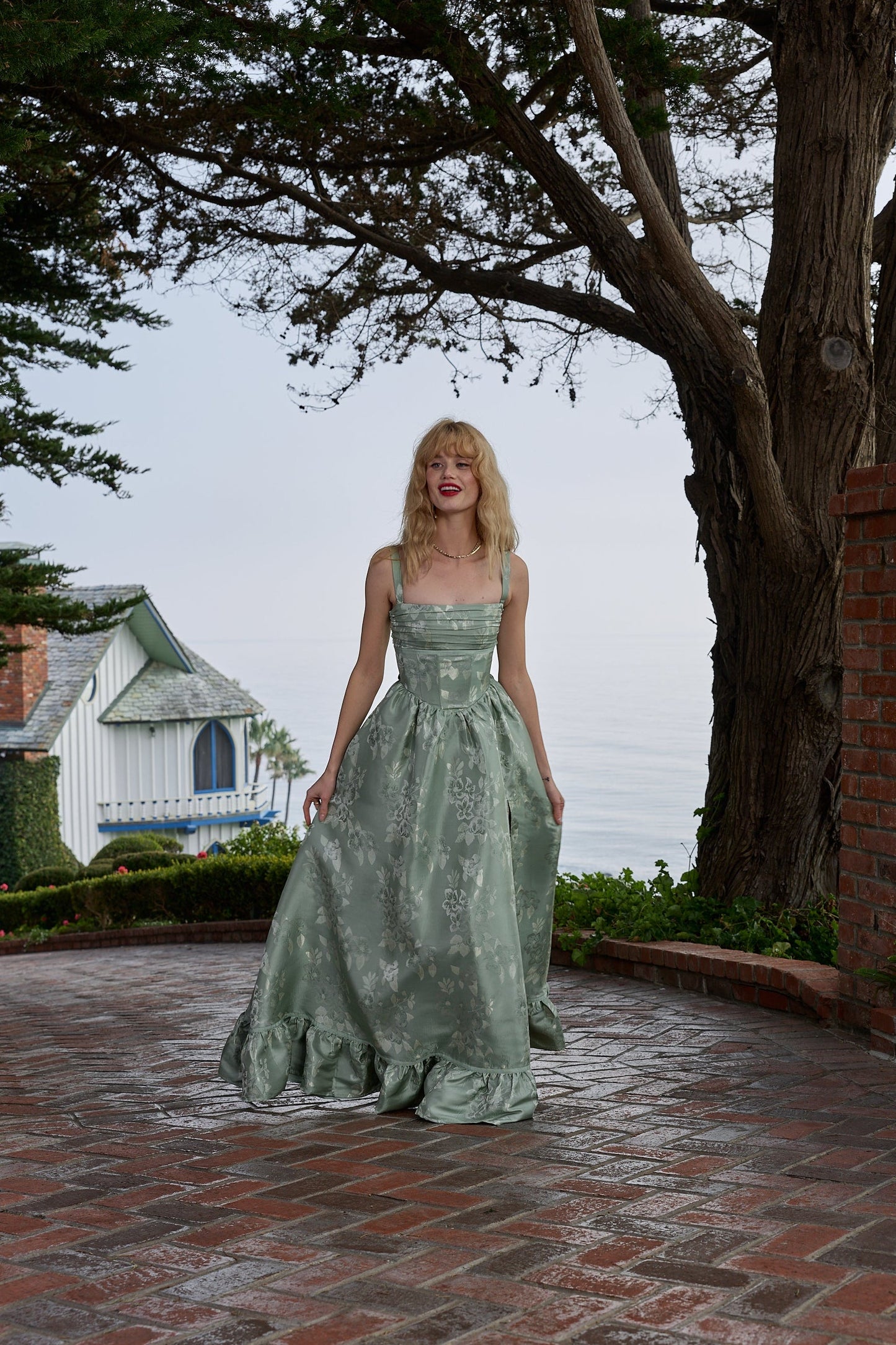 Sage Baroque Floral Ava Brocade Midi Dress