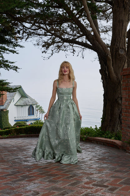 Sage Baroque Floral Ava Brocade Midi Dress