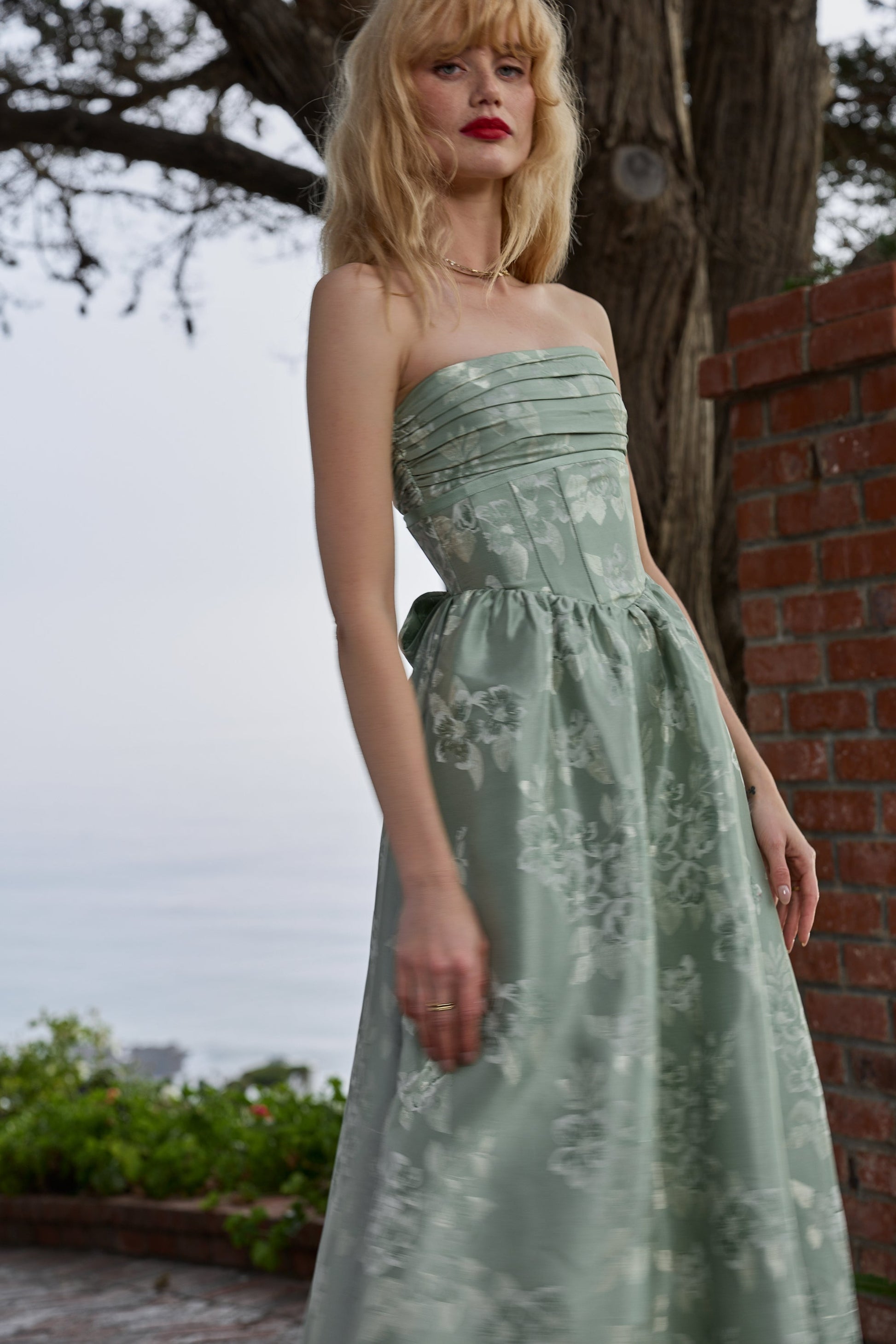 Sage Baroque Floral Ava Brocade Midi Dress