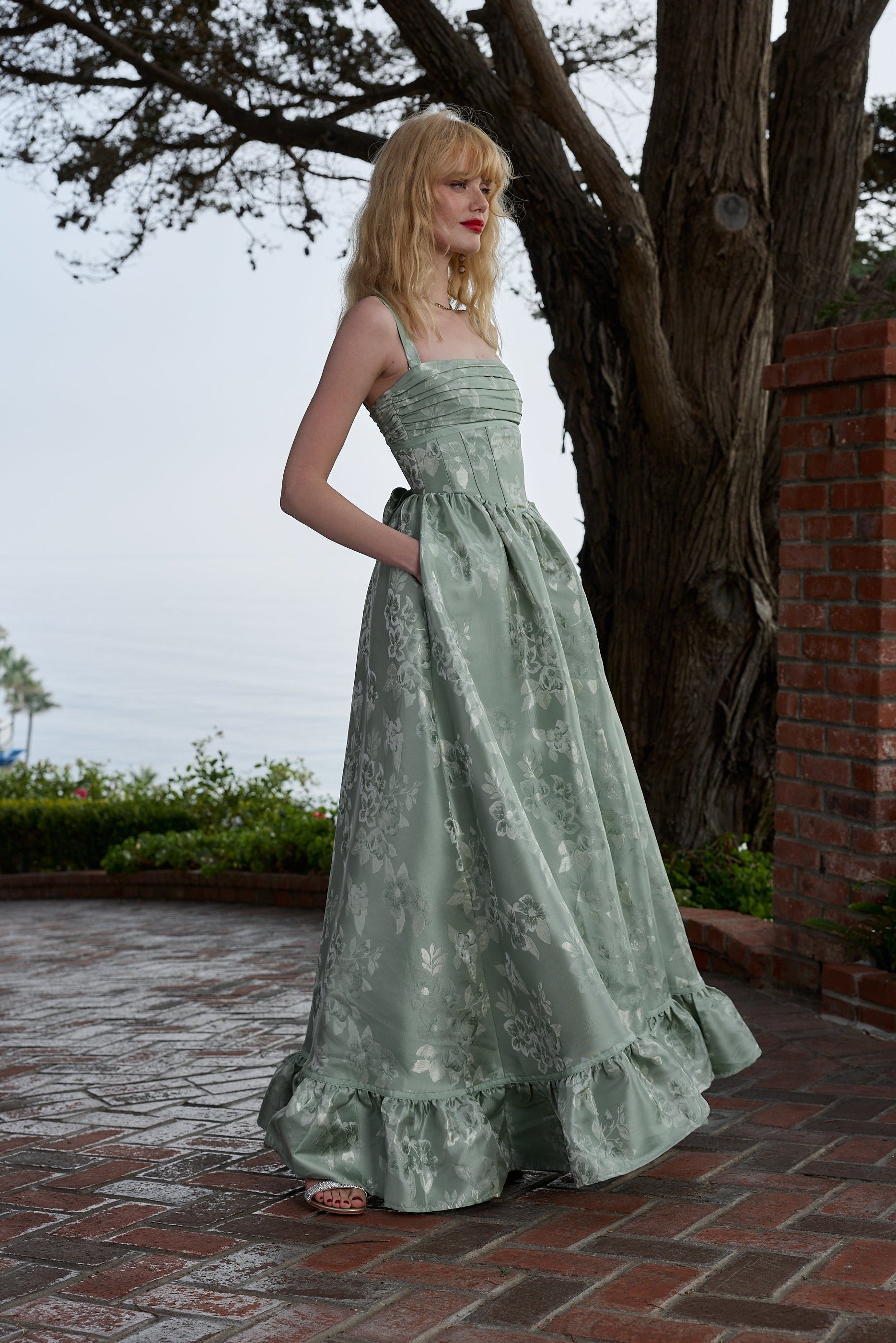Sage Baroque Floral Ava Brocade Midi Dress