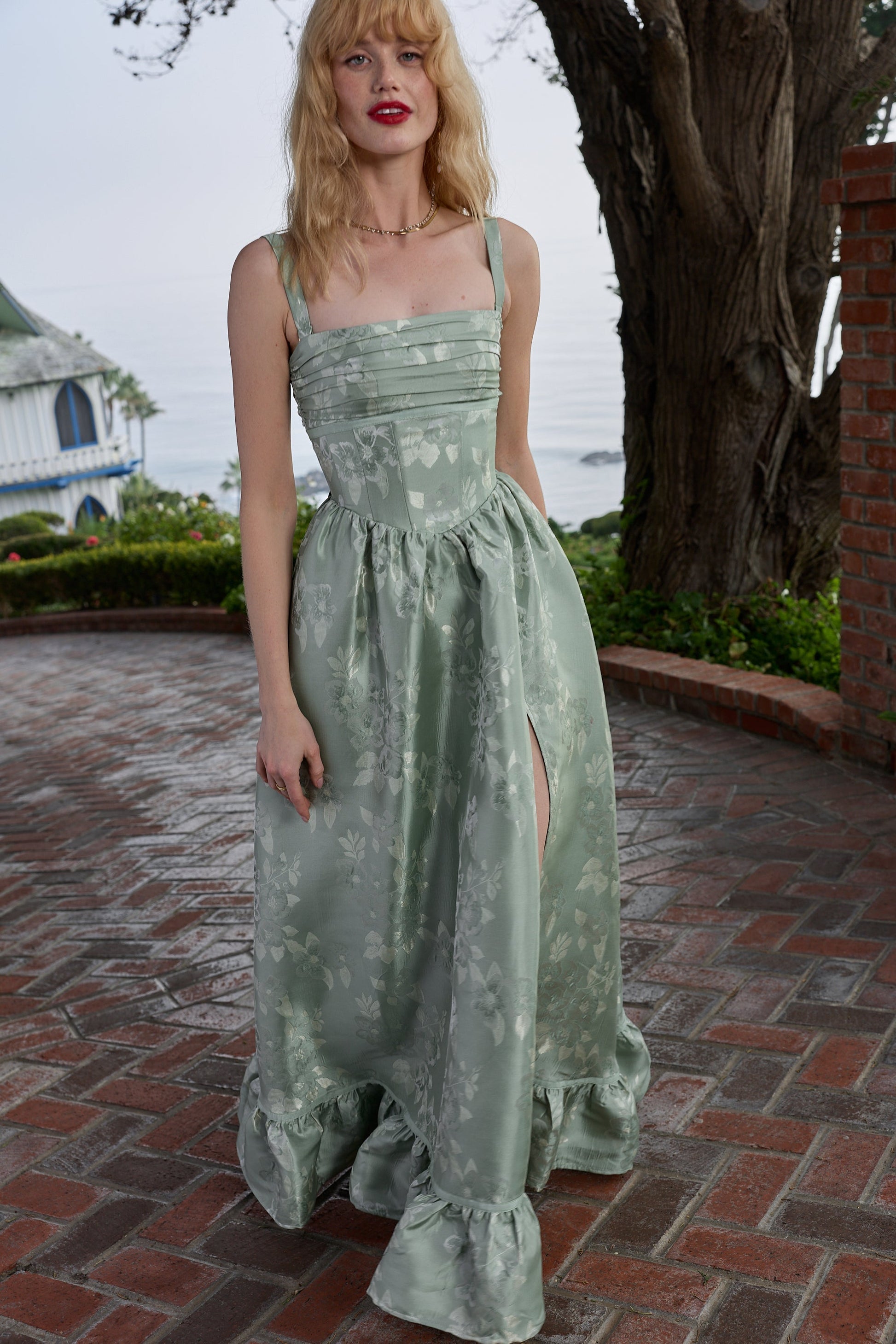 Sage Baroque Floral Ava Brocade Midi Dress