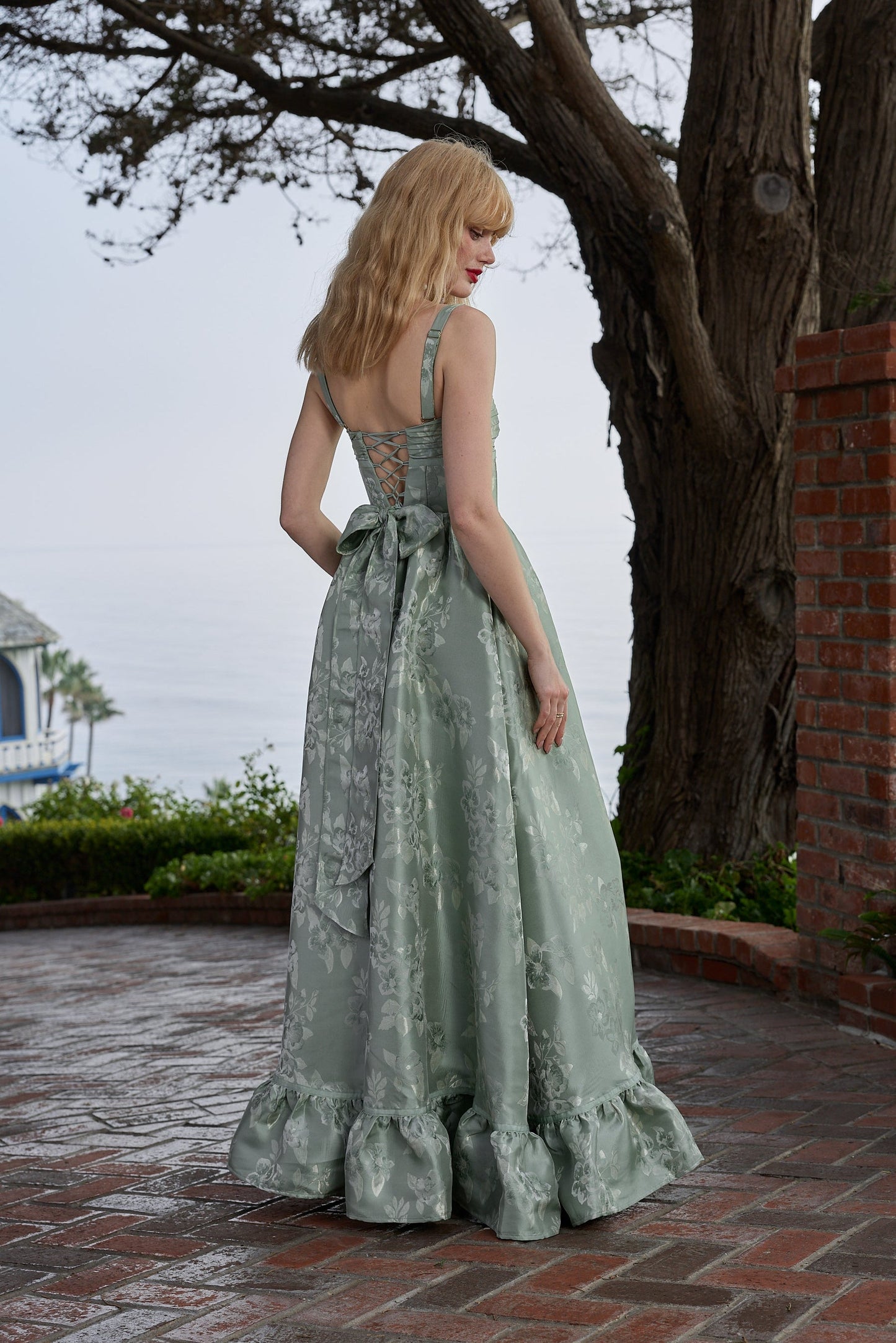 Sage Baroque Floral Ava Brocade Midi Dress