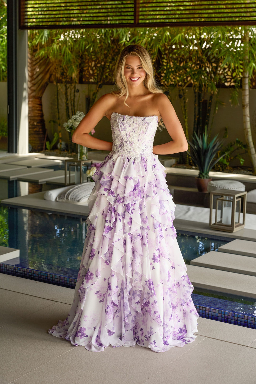 White/Blue Ava Presley Floral Ruffle Ball Gown