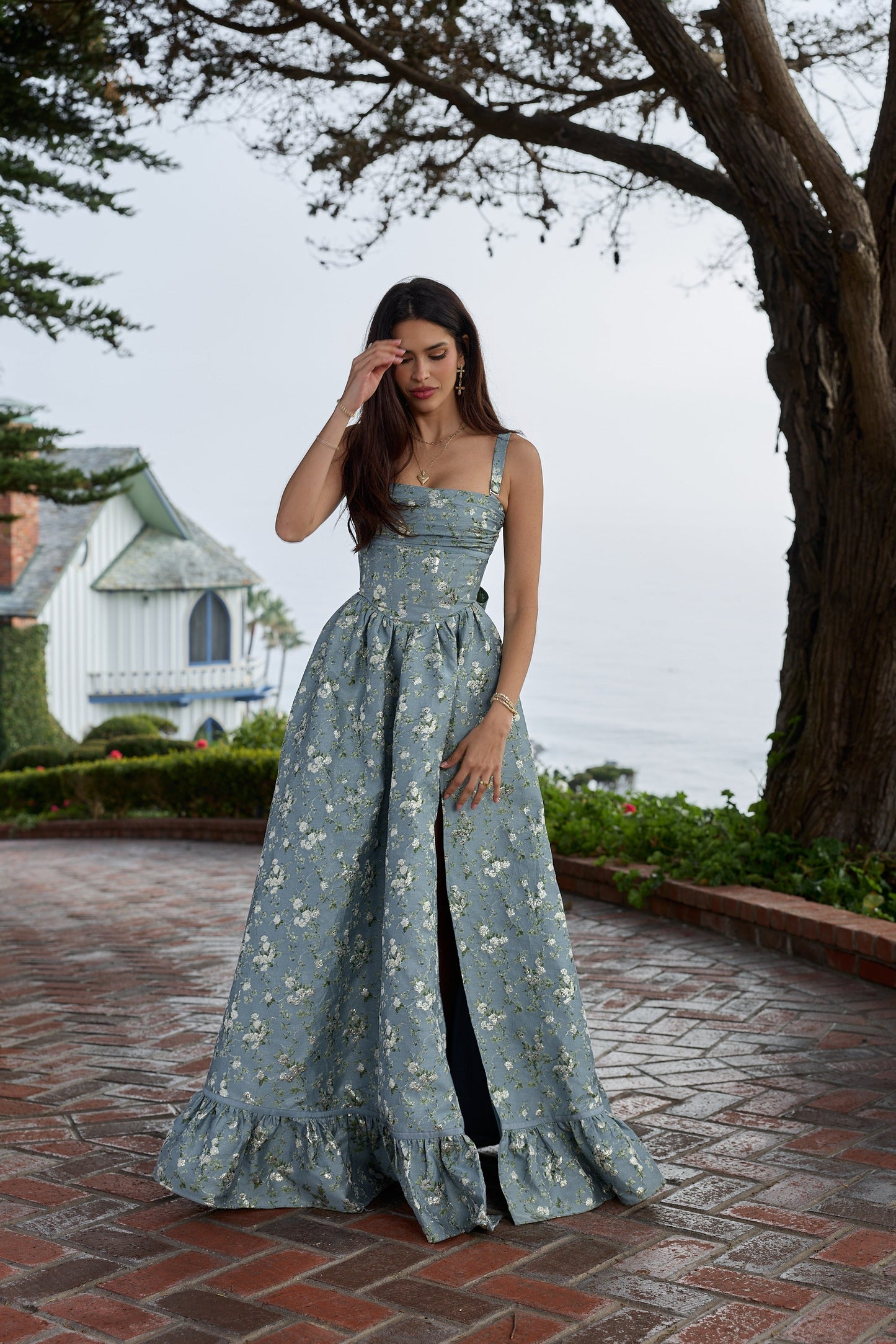 Slate Blue Cheverny Brocade Ava Brocade Midi Dress