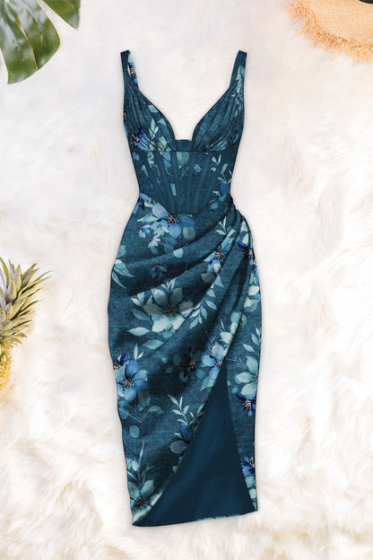 Blue Floral Print | Afina Vivienne Draped Midi Dress