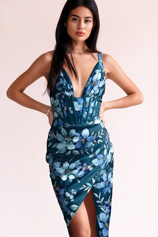 Blue Floral Print | Afina Vivienne Draped Midi Dress