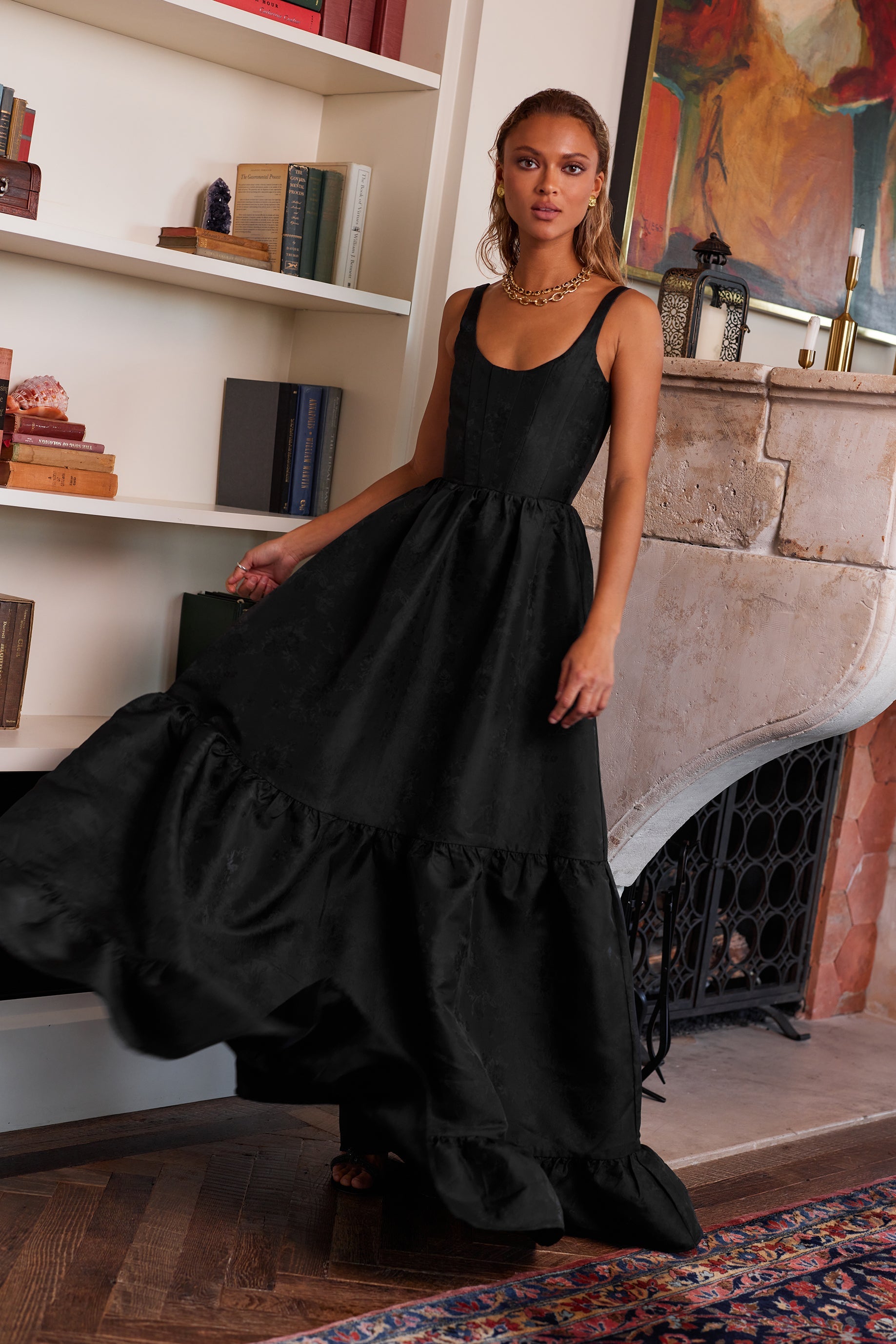 Black Windsor Brocade Avery Baroque Floral Midi Dress