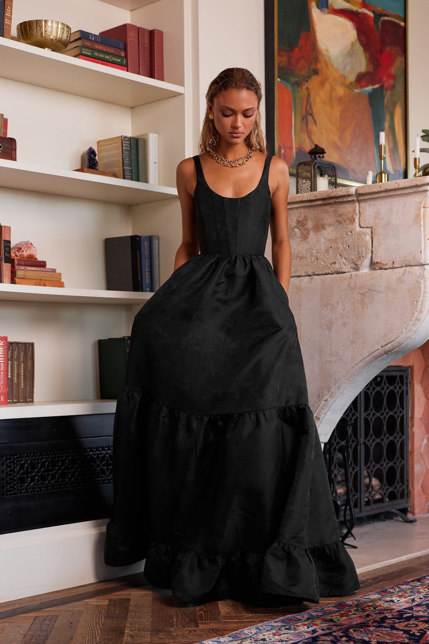 Black Windsor Brocade Avery Brocade Midi Dress