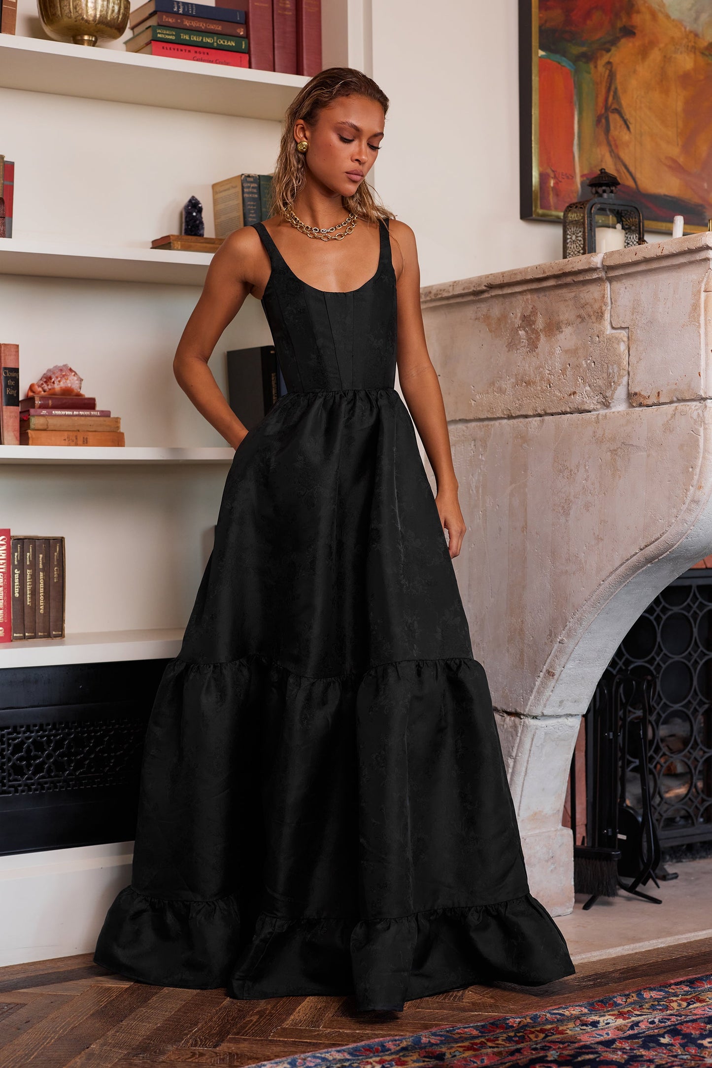 Black Windsor Brocade Avery Brocade Midi Dress