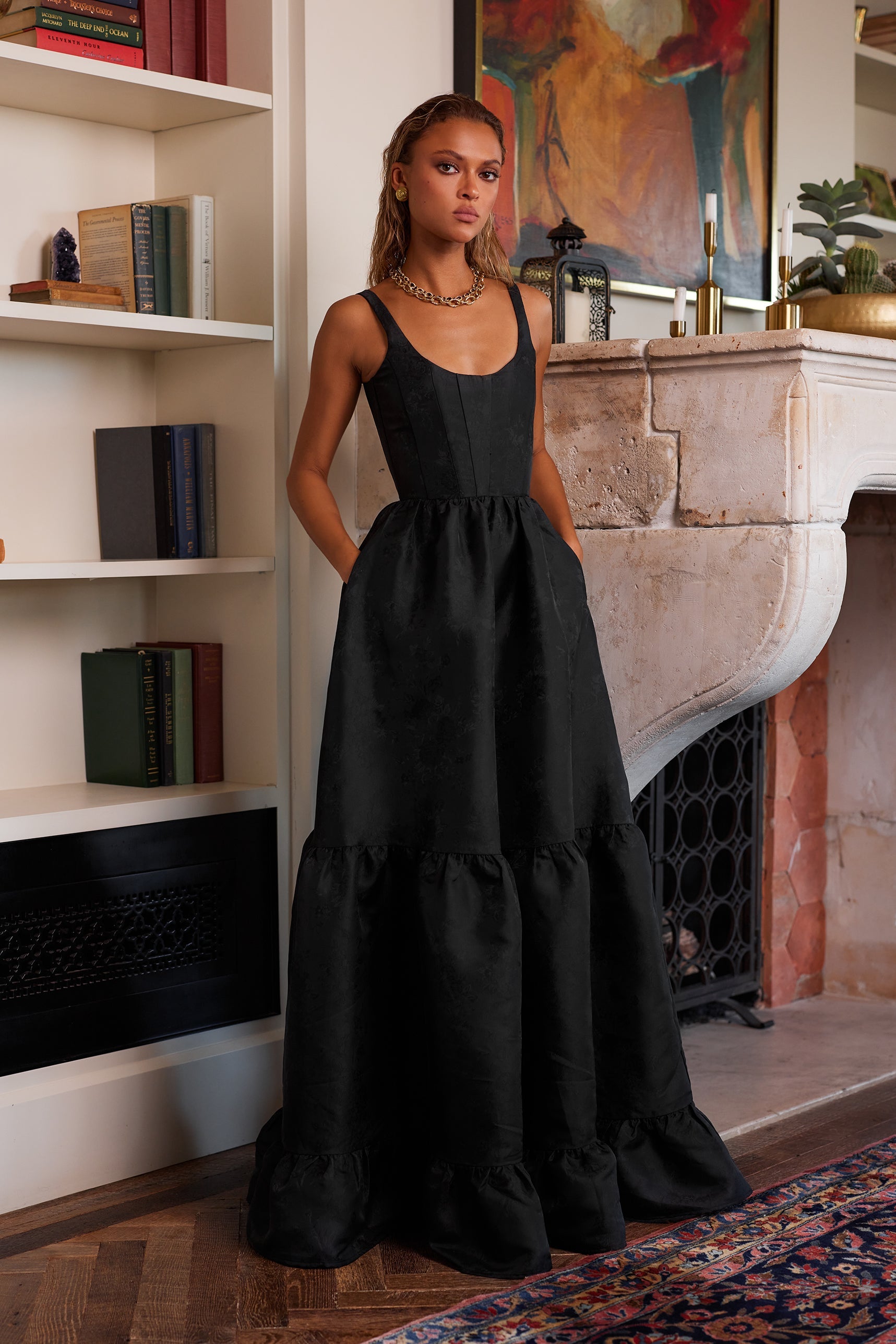 Black Windsor Brocade Avery Brocade Midi Dress