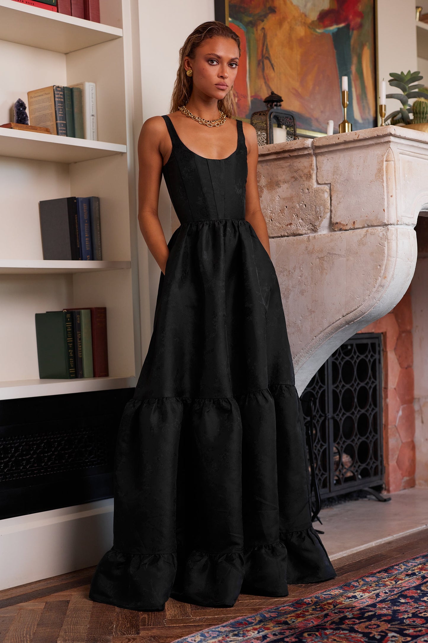 Black Windsor Brocade Avery Brocade Midi Dress