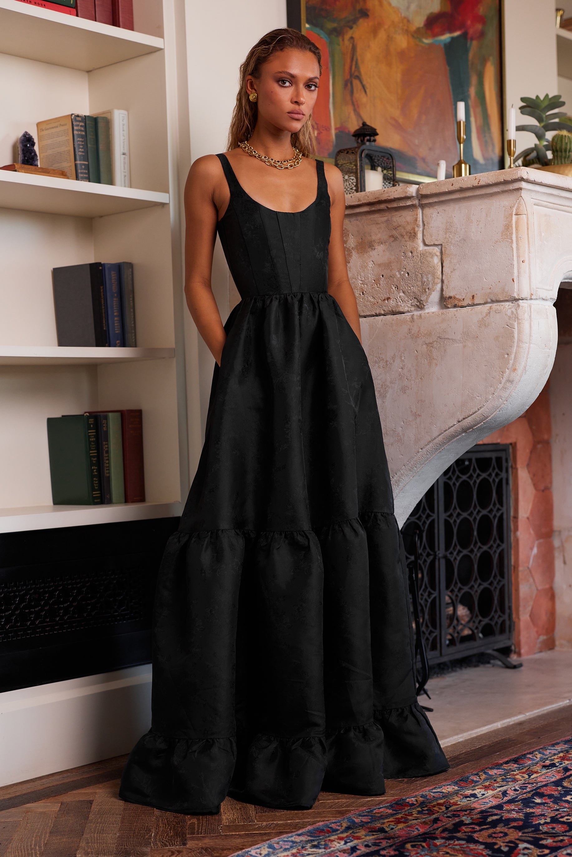 Black Windsor Brocade Avery Baroque Floral Midi Dress