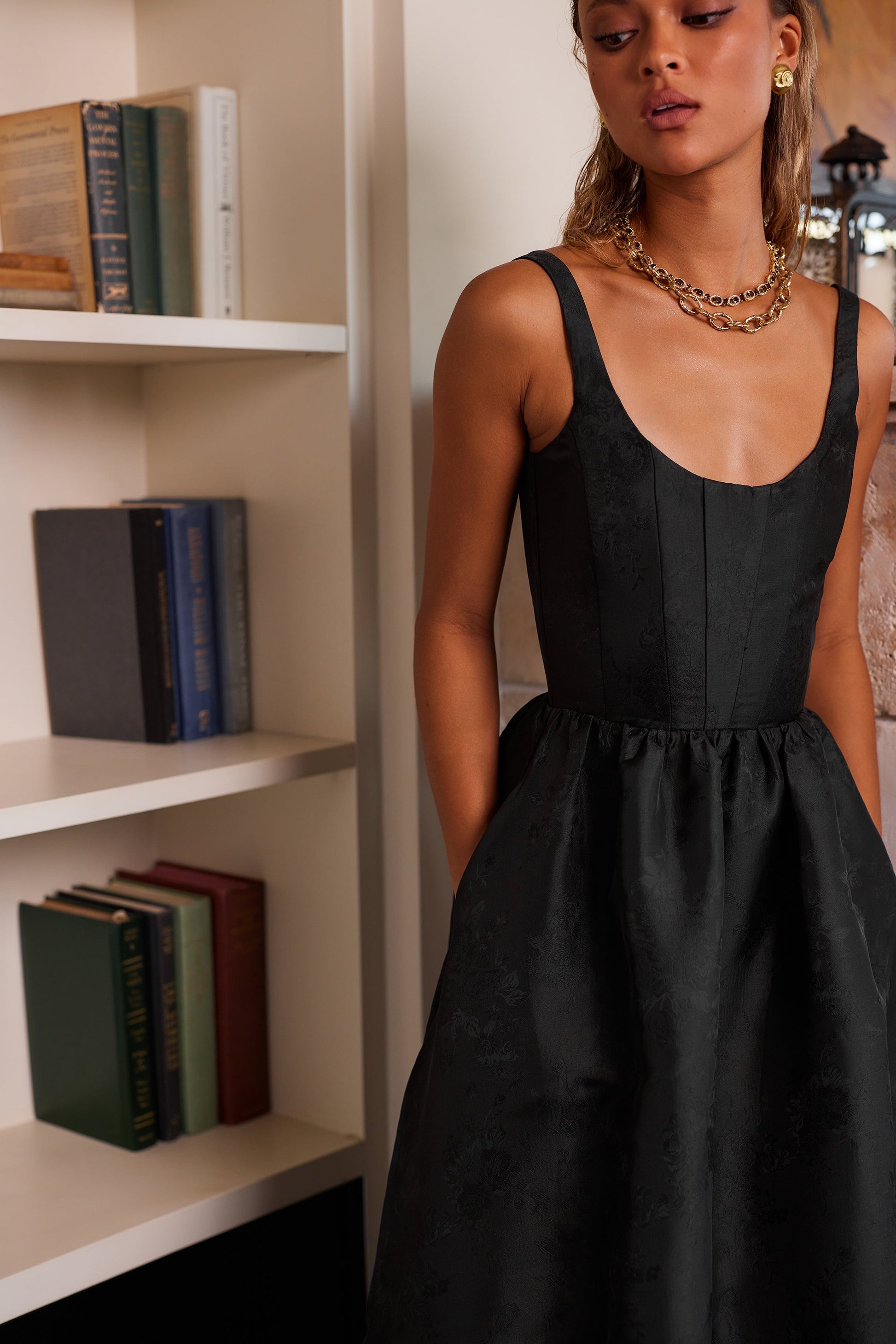 Black Windsor Brocade Avery Brocade Midi Dress