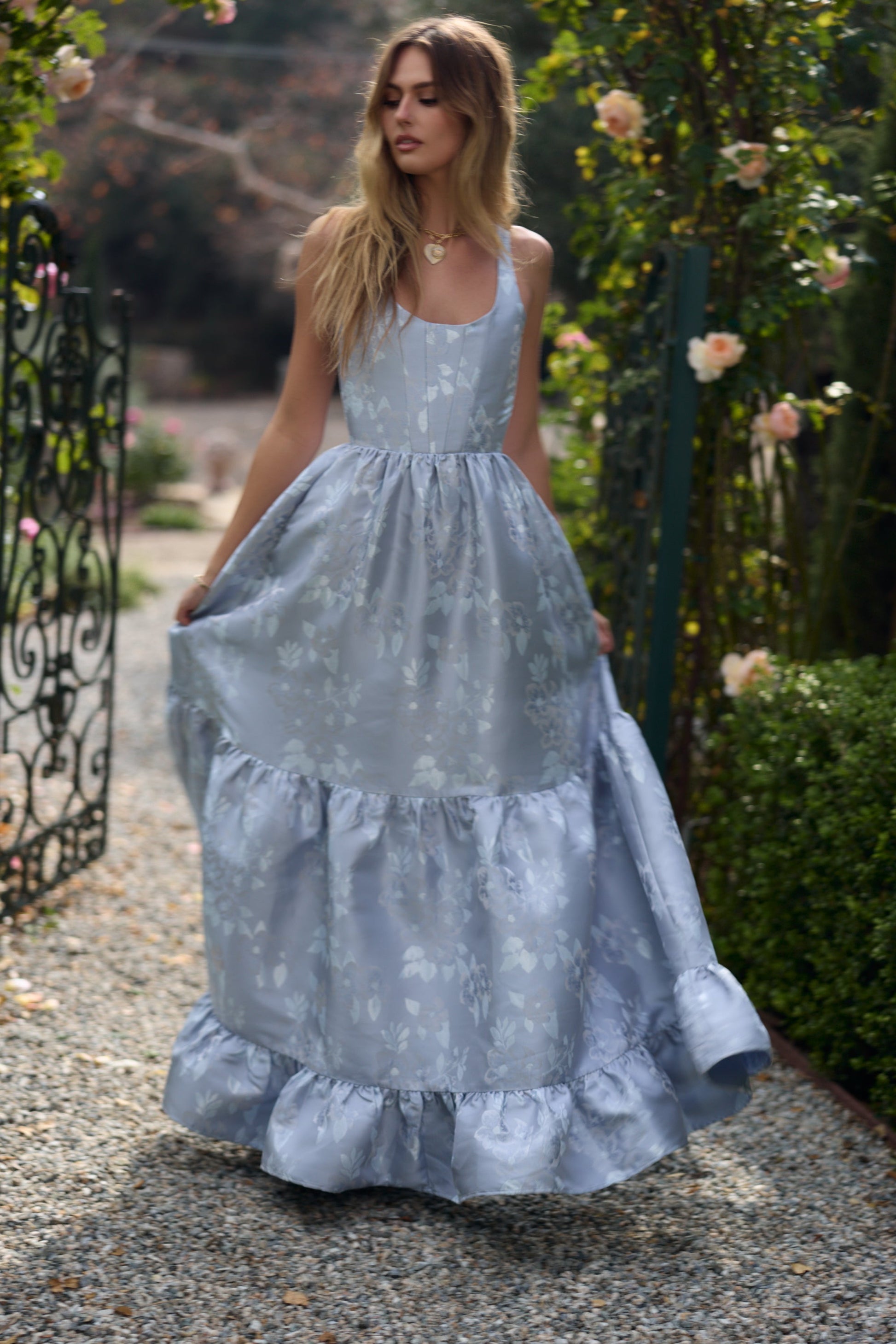 Icelandic Blue Baroque Floral Avery Brocade Midi Dress
