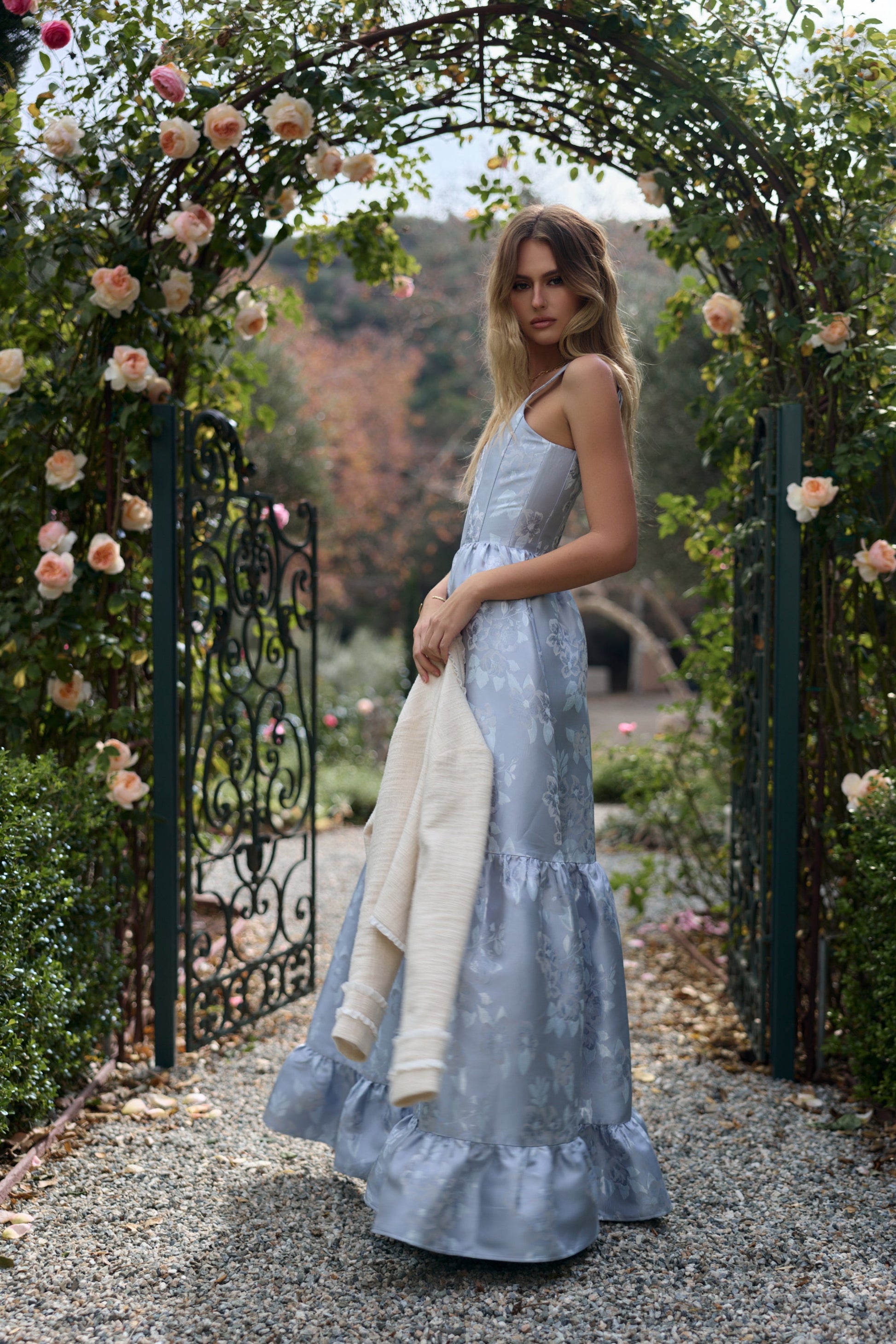 Icelandic Blue Baroque Floral Avery Brocade Midi Dress