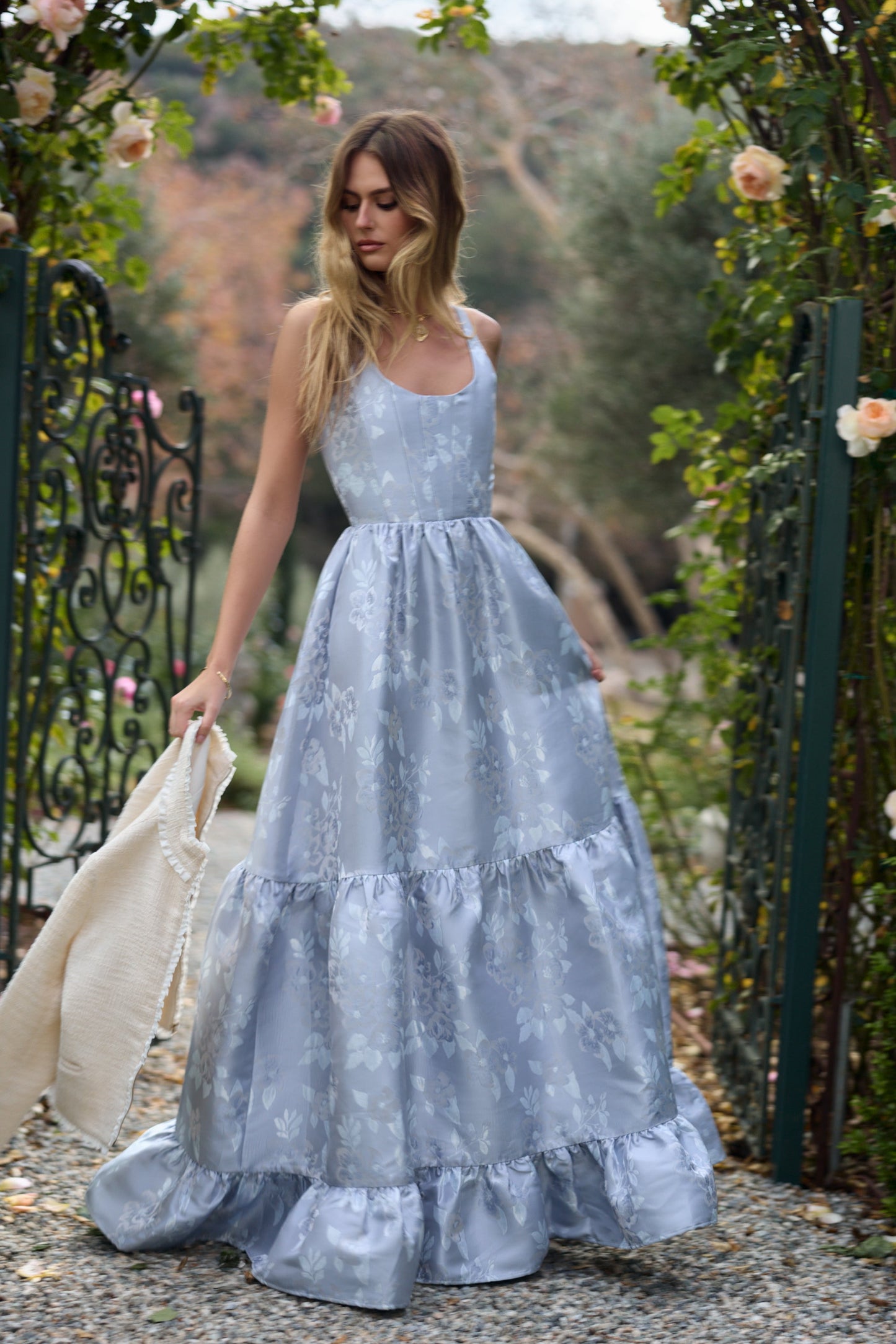 Icelandic Blue Baroque Floral Avery Brocade Midi Dress