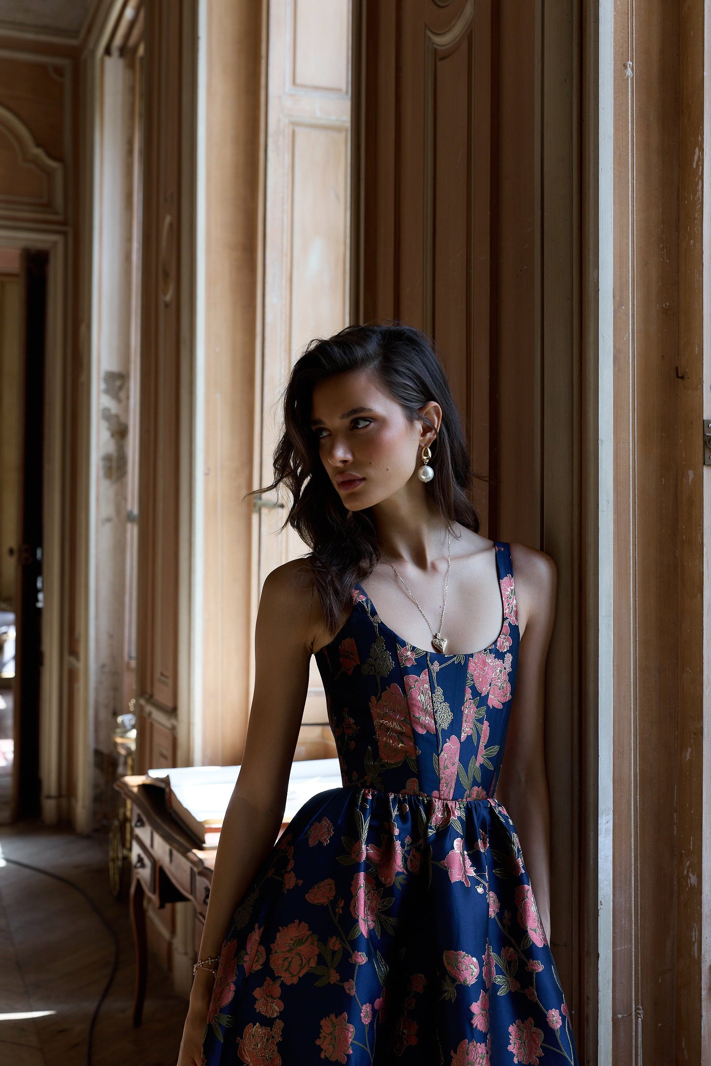 Navy Tudor Rose Brocade Avery Brocade Midi Dress