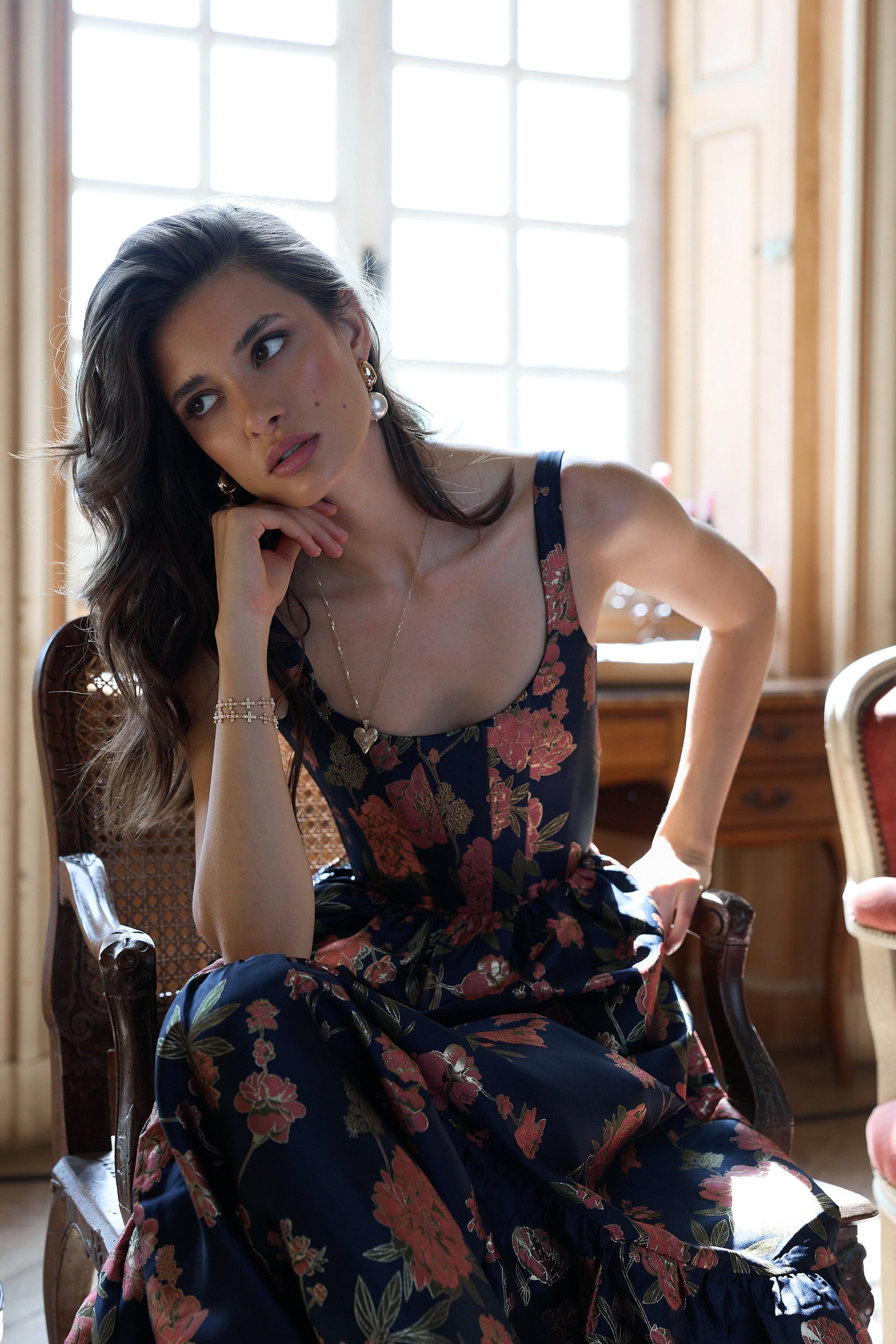 Navy Tudor Rose Brocade Avery Brocade Midi Dress