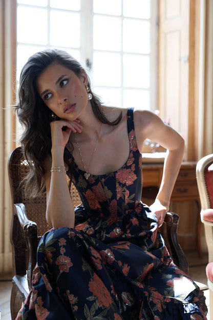 Navy Tudor Rose Brocade Avery Baroque Floral Midi Dress