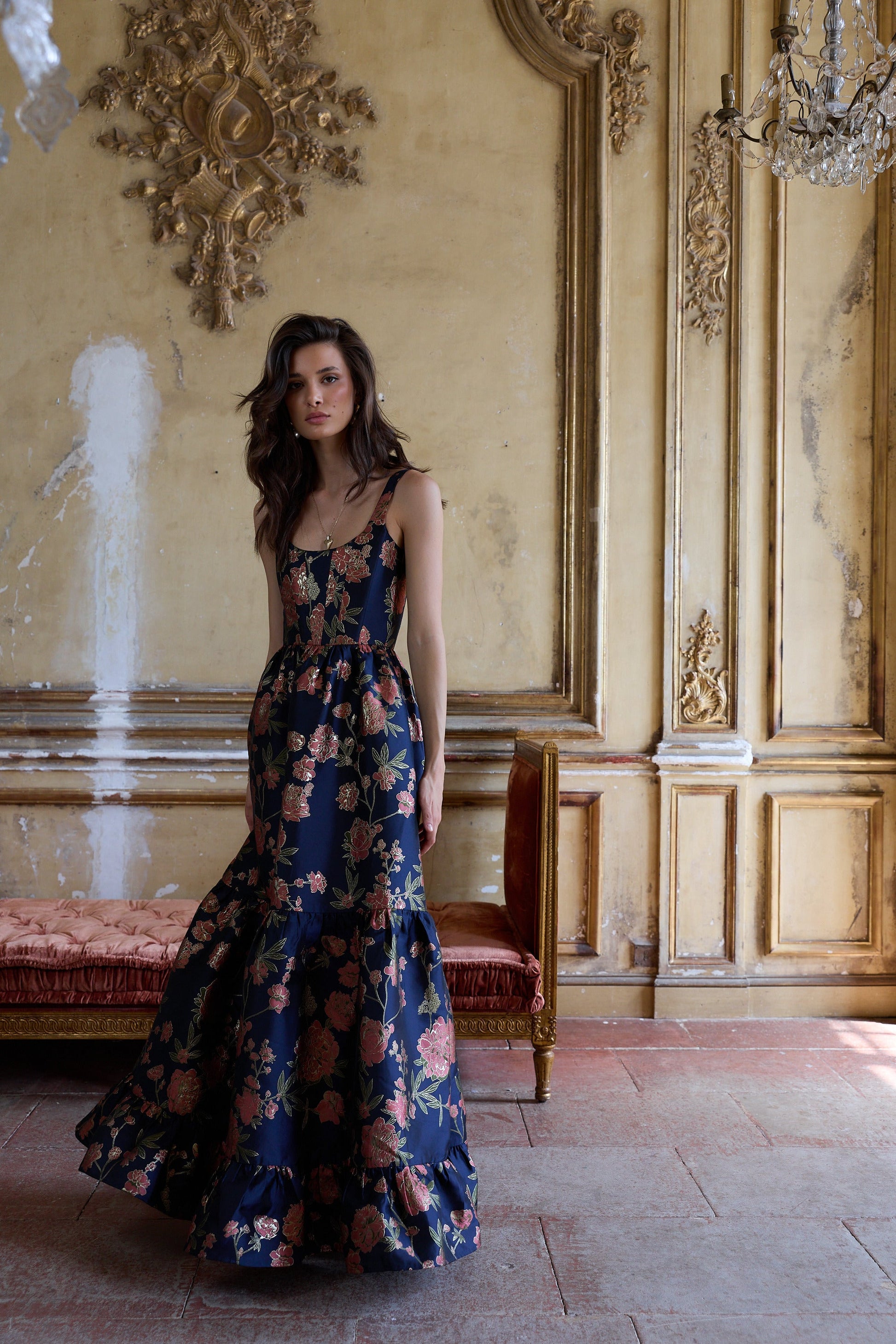 Navy Tudor Rose Brocade Avery Brocade Midi Dress