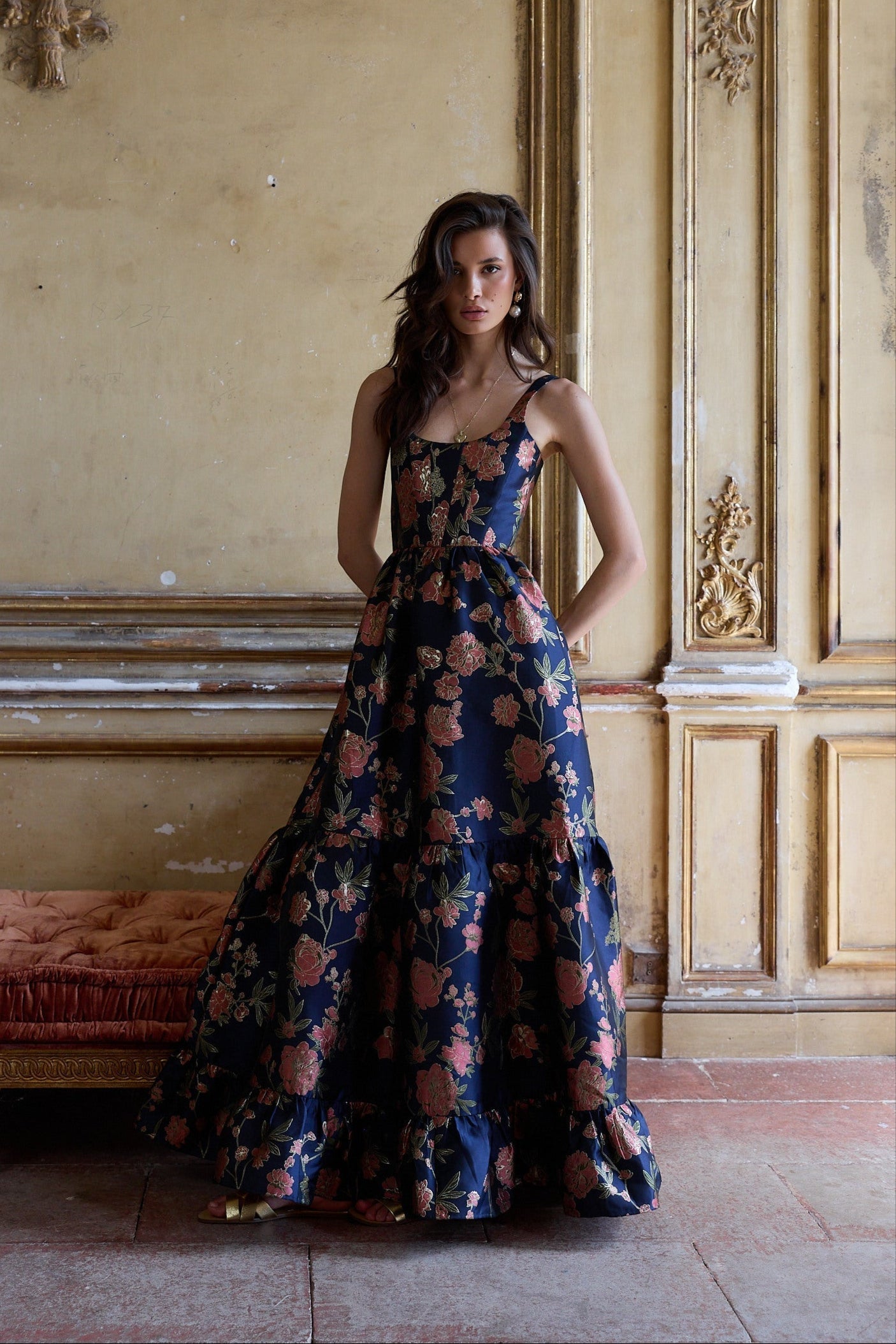 Navy Tudor Rose Brocade Avery Brocade Midi Dress