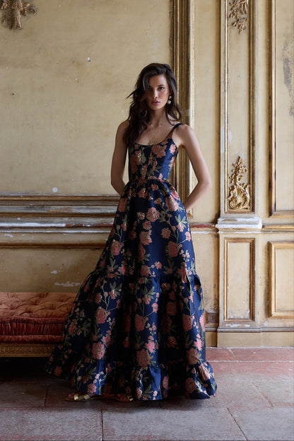 Navy Tudor Rose Brocade Avery Brocade Midi Dress