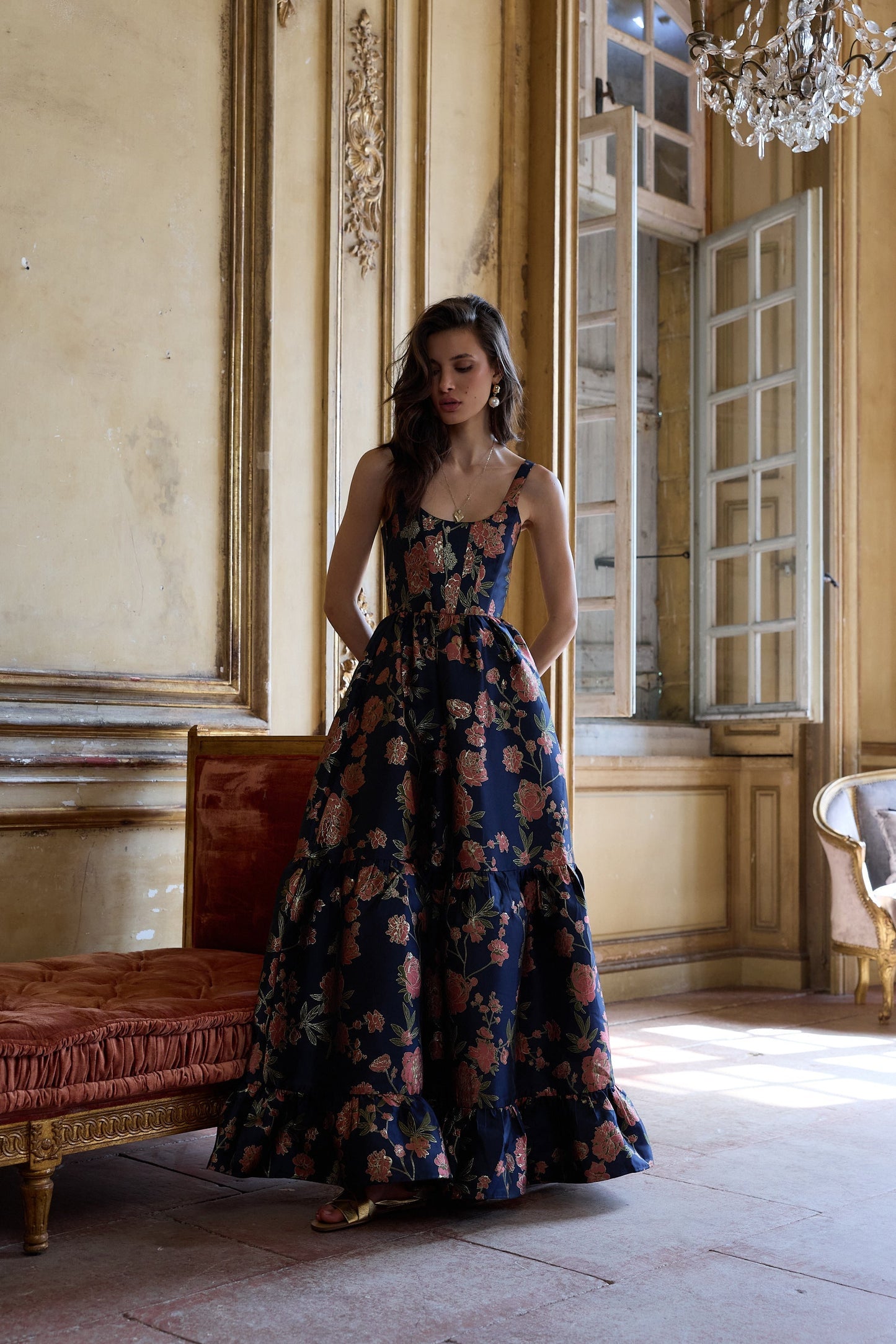 Navy Tudor Rose Brocade Avery Brocade Midi Dress