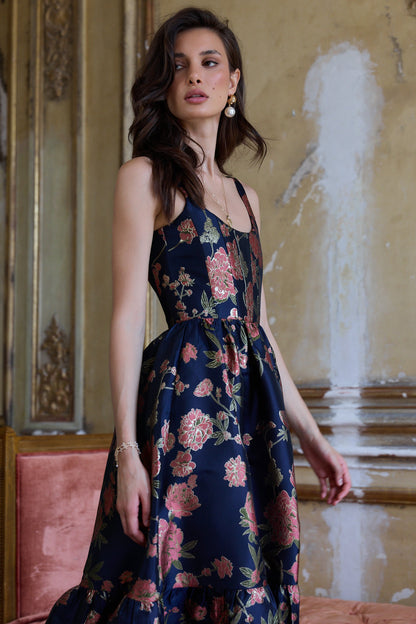 Navy Tudor Rose Brocade Avery Brocade Midi Dress