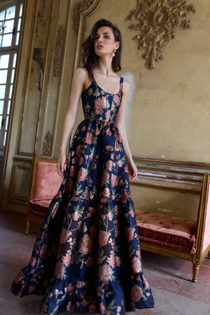 Navy Tudor Rose Brocade Avery Brocade Midi Dress