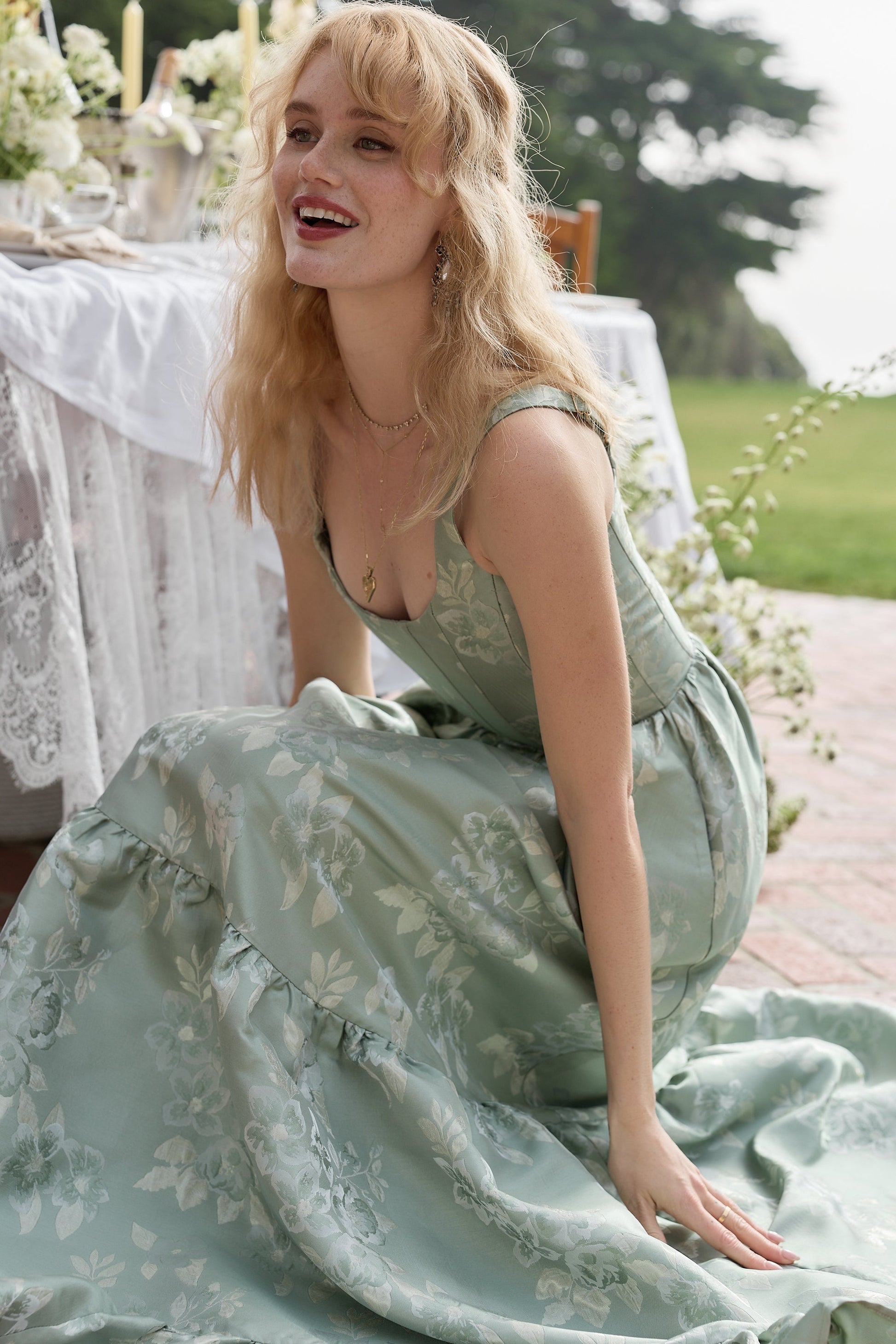 Sage Baroque Floral Avery Brocade Midi Dress