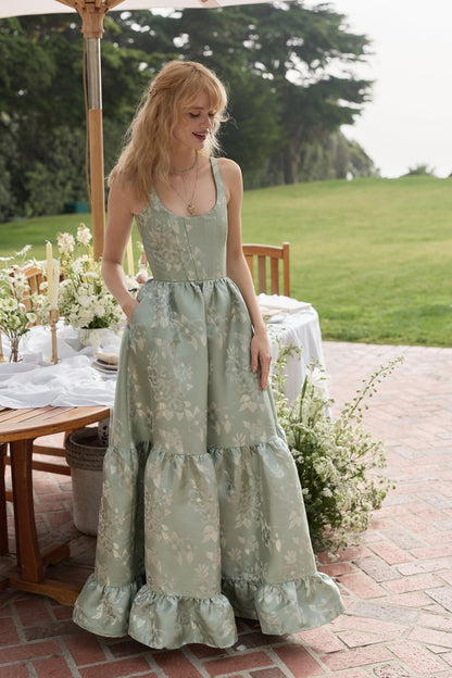 Sage Baroque Floral Avery Brocade Midi Dress