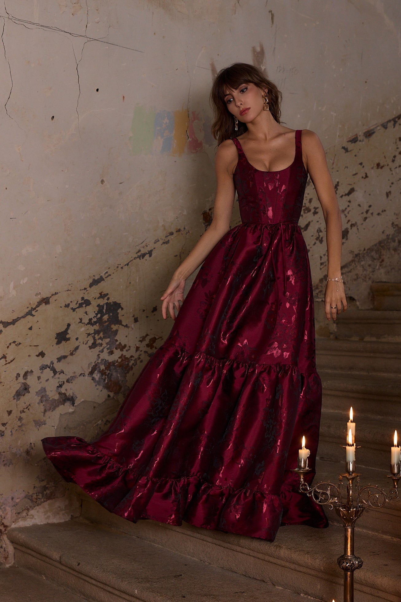 Garnet Baroque Floral Avery Brocade Midi Dress