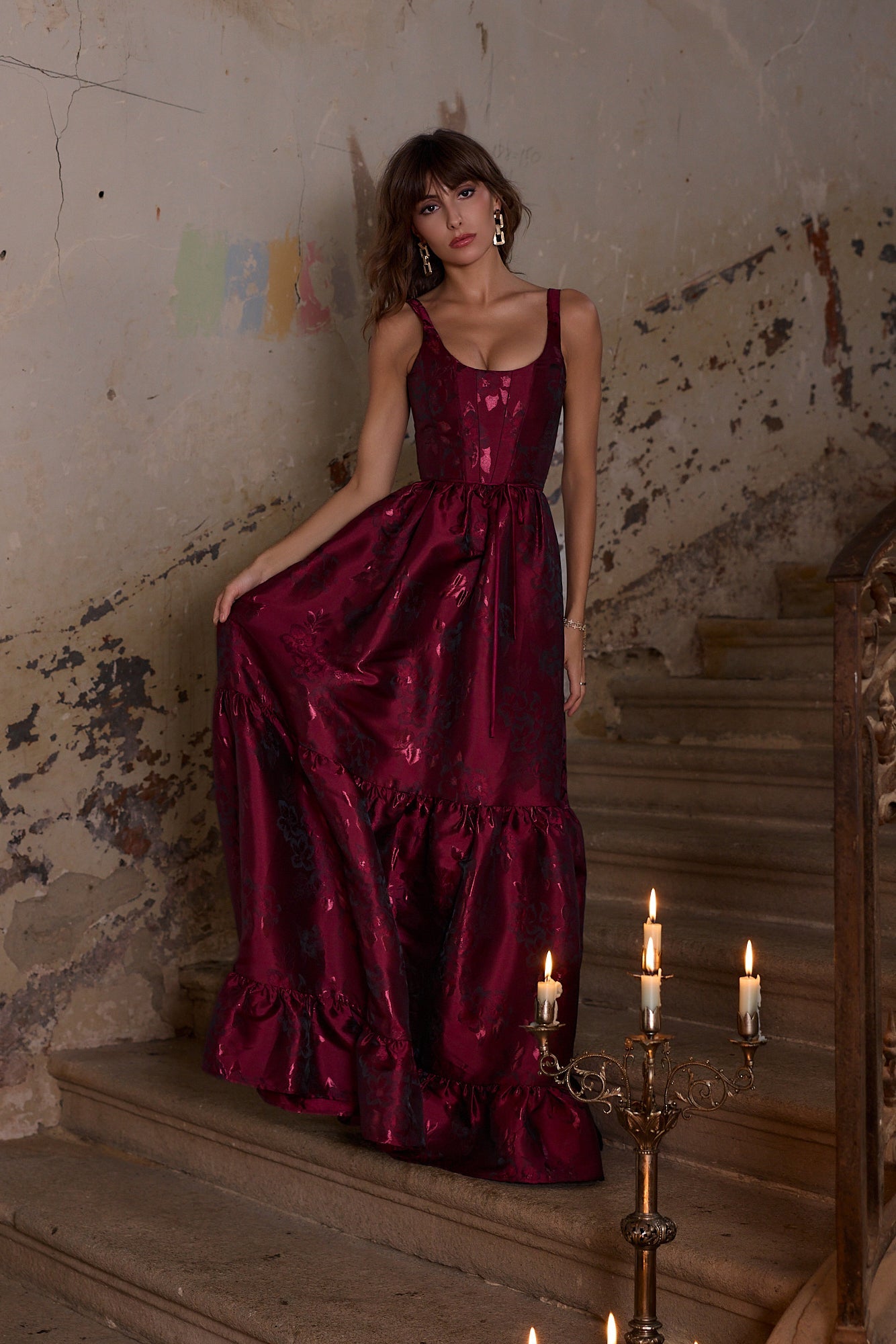 Garnet Baroque Floral Avery Brocade Midi Dress
