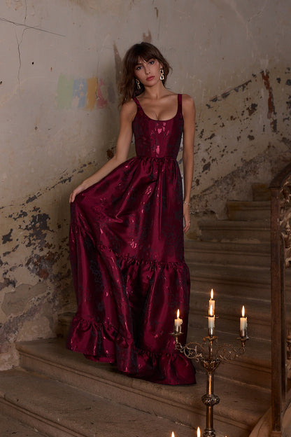 Garnet Baroque Floral Avery Brocade Midi Dress