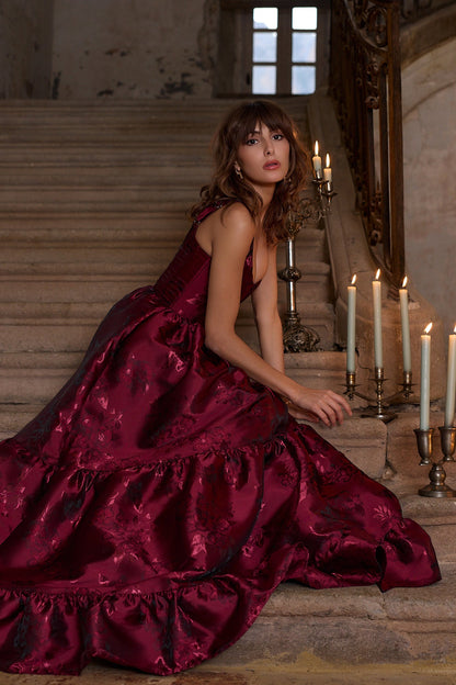 Garnet Baroque Floral Avery Brocade Midi Dress