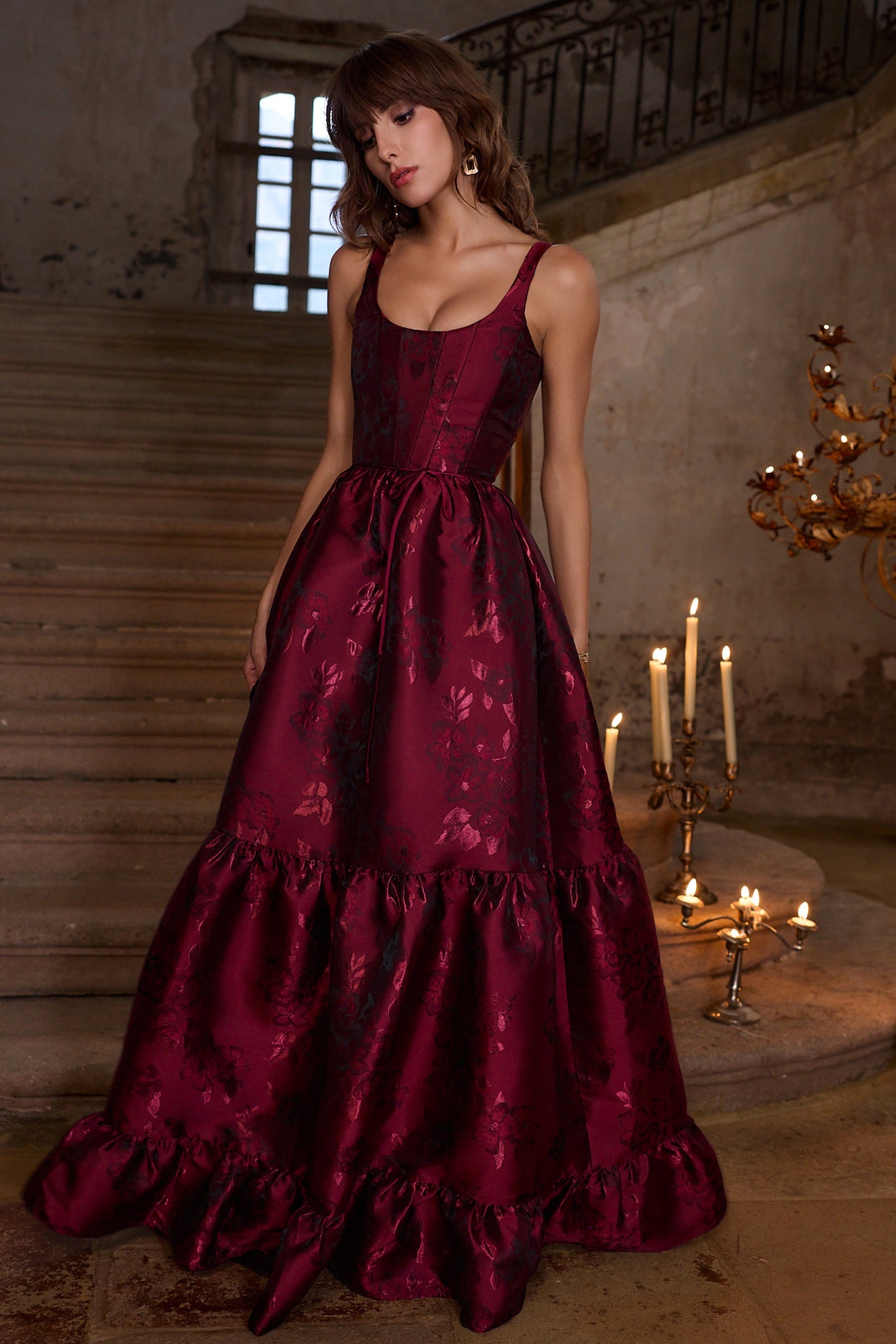 Garnet Baroque Floral Avery Brocade Midi Dress