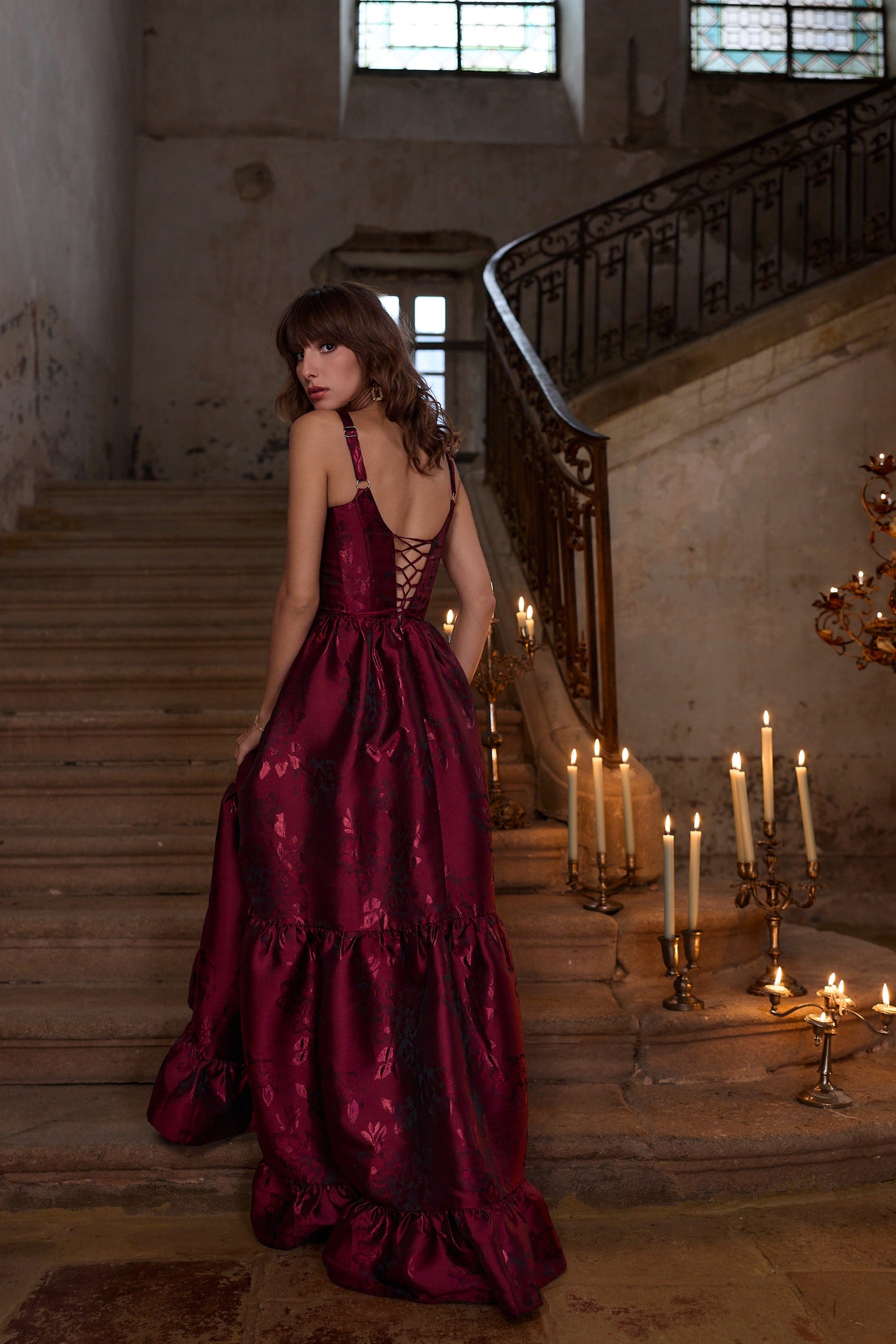 Garnet Baroque Floral Avery Brocade Midi Dress