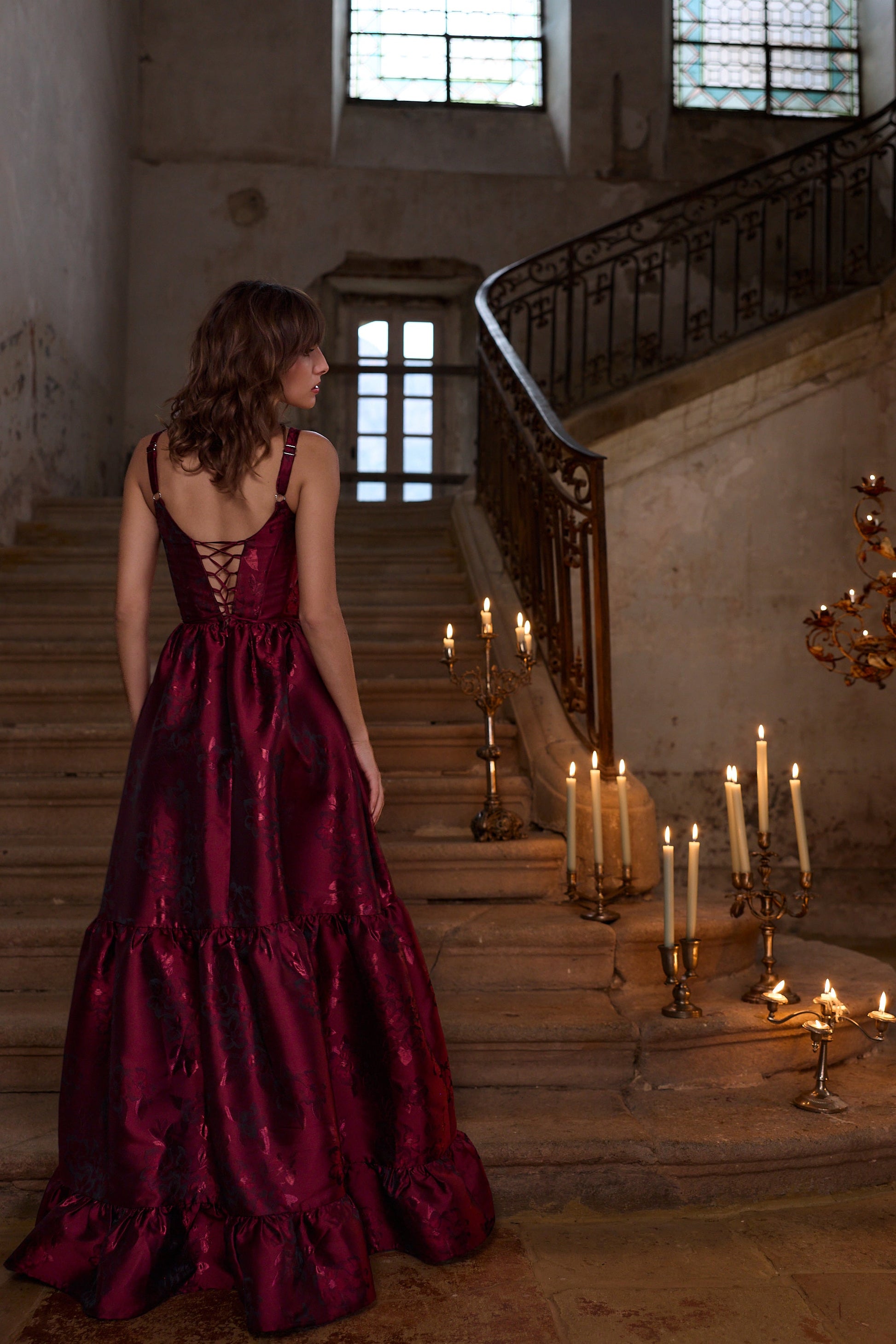 Garnet Baroque Floral Avery Brocade Midi Dress
