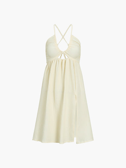 Beige Backless Criss Cross Split Midi Dress