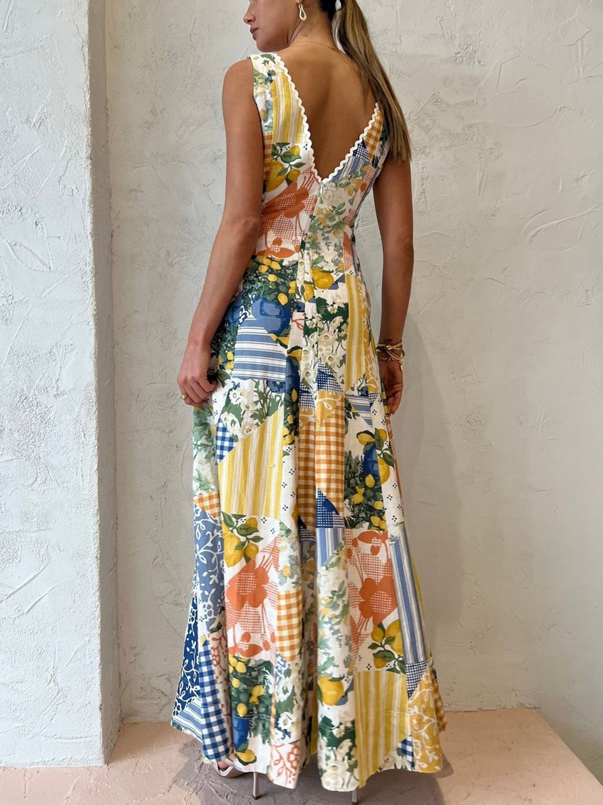 Multicolor Arabella Lace-Trim Maxi Dress in Lemonade Print