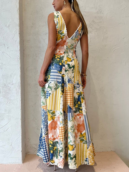 Multicolor Arabella Lace-Trim Maxi Dress in Lemonade Print