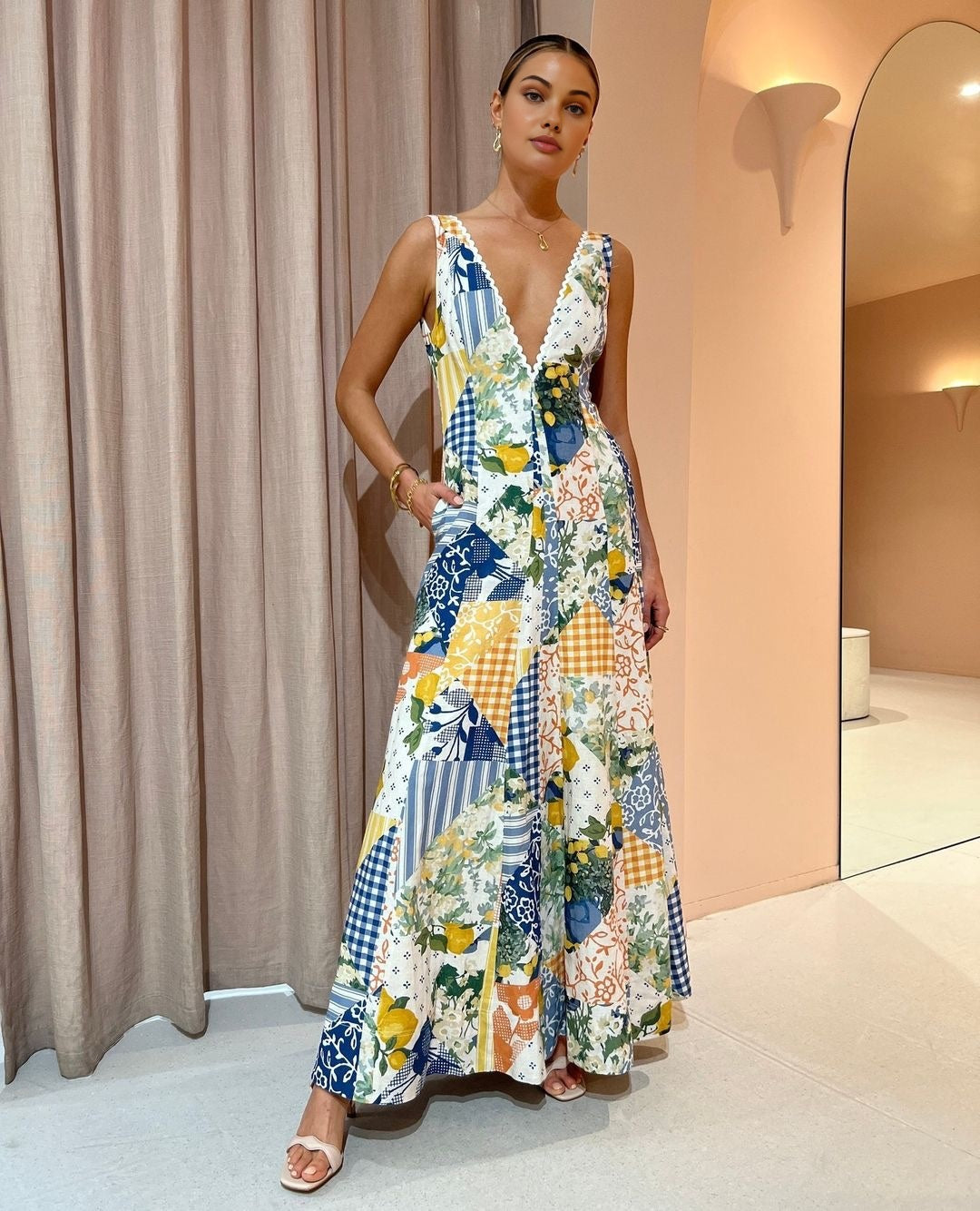 Multicolor Arabella Lace-Trim Maxi Dress in Lemonade Print