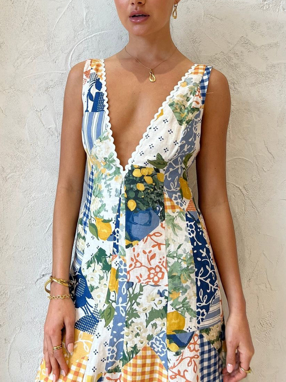 Multicolor Arabella Lace-Trim Maxi Dress in Lemonade Print