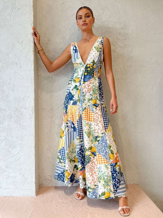 Multicolor Arabella Lace-Trim Maxi Dress in Lemonade Print