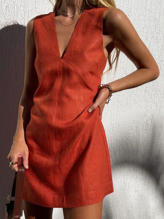 Red Margot Cotton Linen V-Neck Dress